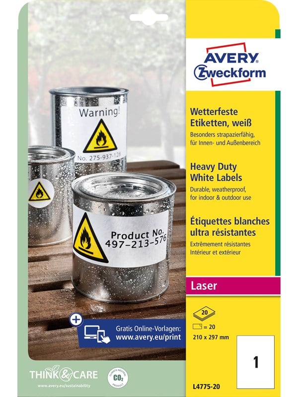 Avery Holdbare Etiketter Hvide 210x297mm