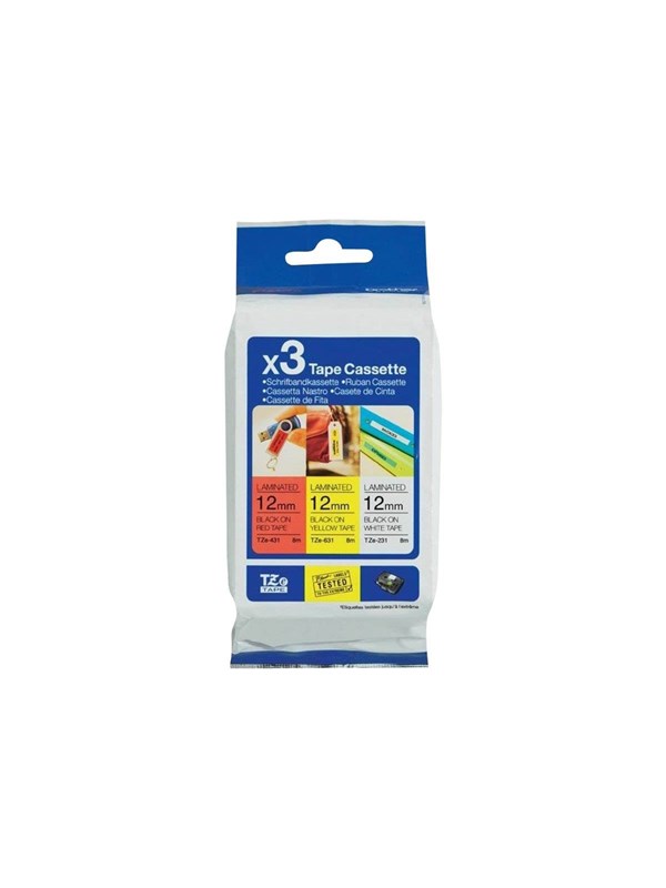 Brother Tze 31m3 -pack 1x Black On Red 1x Black On White And 1x Black On Yellow Laminated Tape 12mm 8m