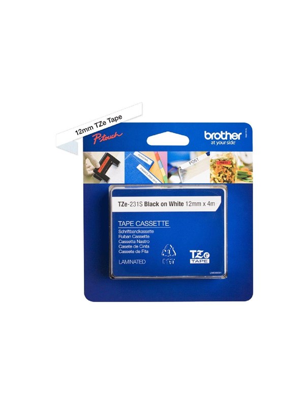 Brother Tze-231s 12mm Black On White Tape 4m