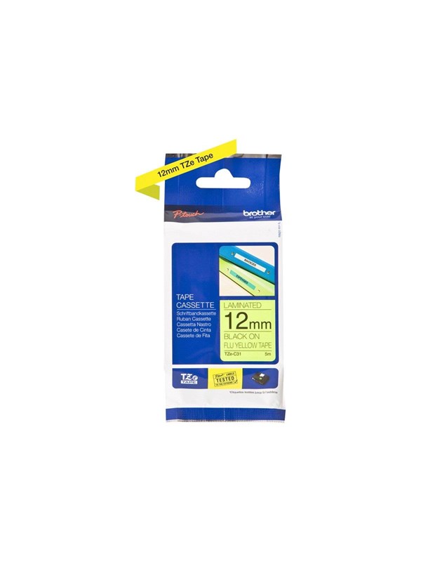 Brother Tzec31 Tze-c31 Black On Fluorescent Yellow Ribbon 12mm 5m
