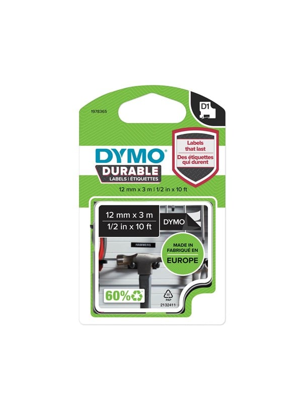 Dymo D1 Durable Tape Hvid På Sort 12 Mm 3m
