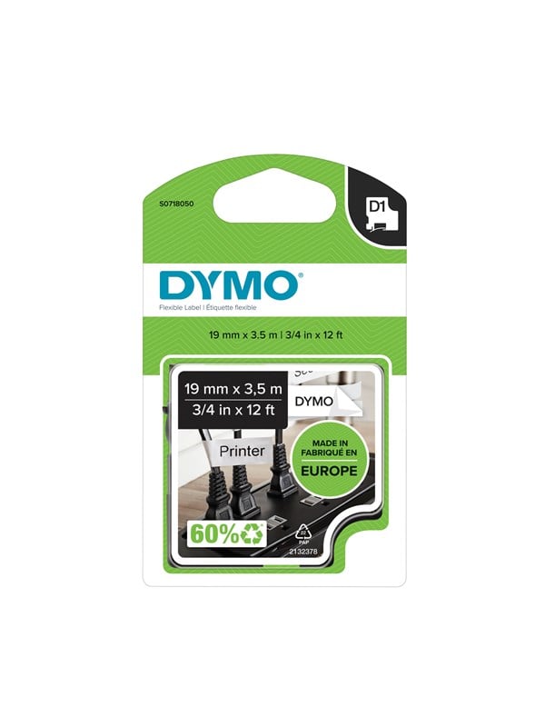 Dymo D1 Tape Fleksibel Nylon Sort Hvid 19mm 5m