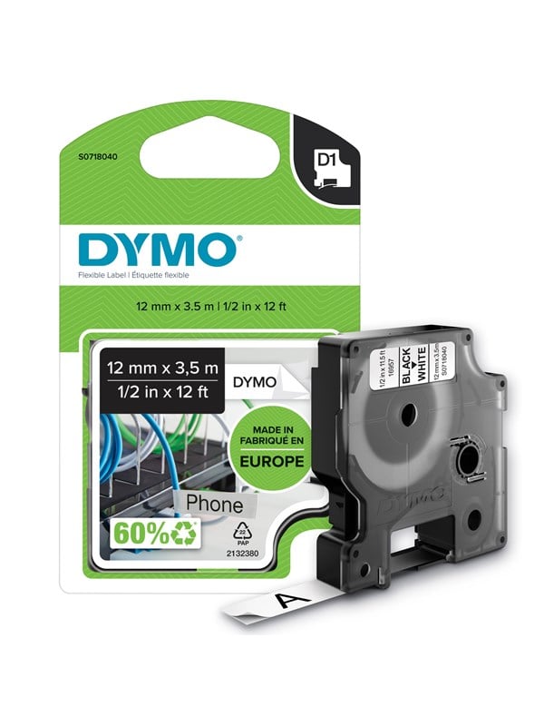 Dymo D1 Tape Fleksibel Nylon Sort Hvid 12mm 5m