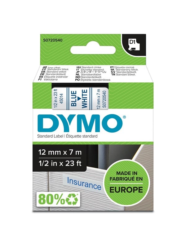 Dymo D1 Tape 12mm 7m Rulle Blå På Hvid
