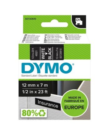 Dymo D1 Tape   12mm   7m Rulle   Hvid På Sort