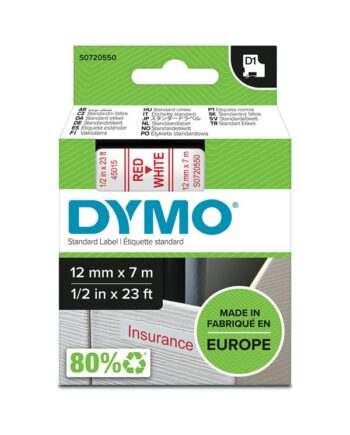 Dymo D1 Tape   12mm   7m Rulle   Rød På Hvid