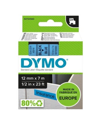 Dymo D1 Tape   12mm   7m Rulle   Sort På Blå