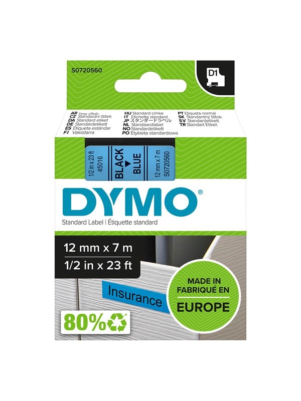 Dymo D1 Tape 12mm 7m Rulle Sort På Blå