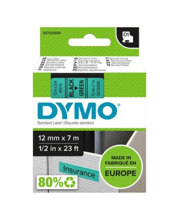 Dymo D1 Tape   12mm   7m Rulle   Sort På Grøn