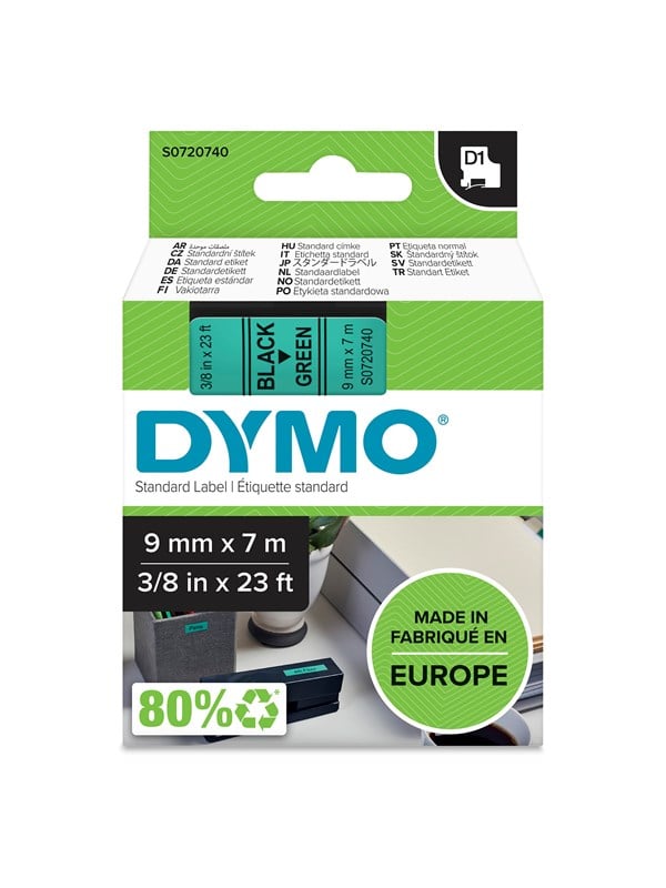 Dymo D1 Tape 9mm 7m Rulle Sort På Grøn