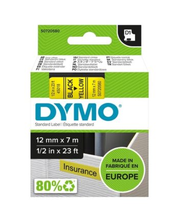 Dymo D1 Tape   12mm   7m Rulle   Sort På Gul