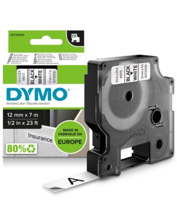 Dymo D1 Tape   12mm   7m Rulle   Sort På Hvid