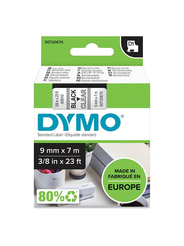 Dymo D1 Tape 9mm 7m Rulle Sort På Klar