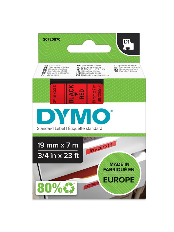 Dymo D1 Tape 19mm 7m Rulle Sort På Rød