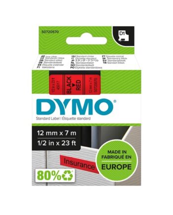 Dymo D1 Tape   12mm   7m Rulle   Sort På Rød