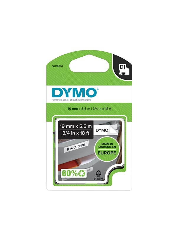 Dymo D1 Tape Permanent Polyester Sort Hvid 19mm 5m
