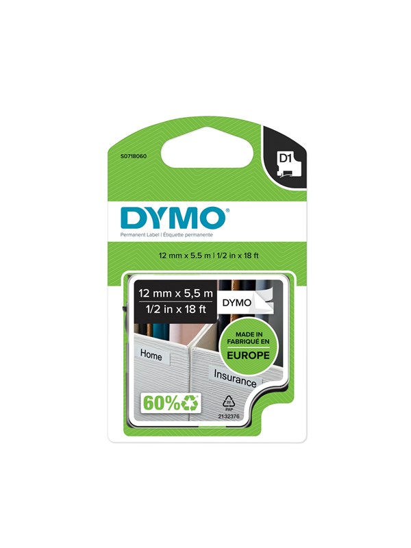 Dymo D1 Tape Permanent Polyester Sort Hvid 12mm 5m