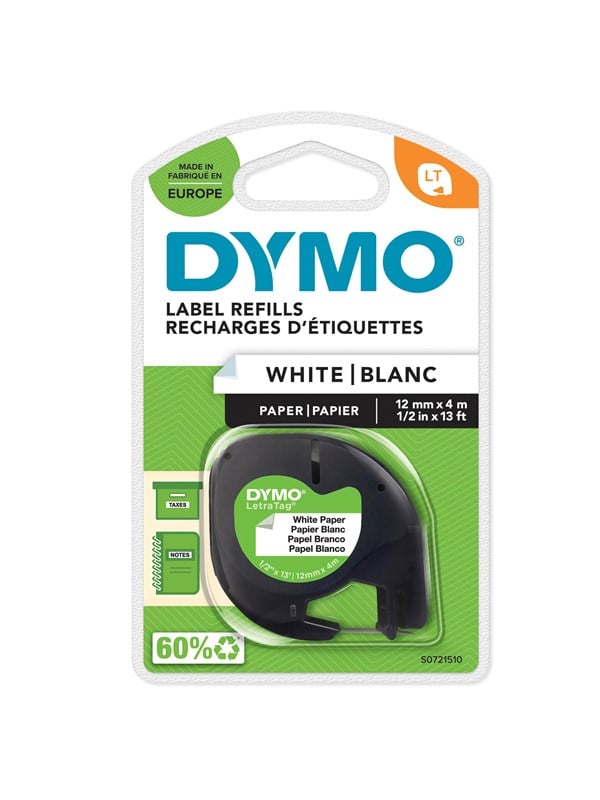 Dymo Letratag Papirtape Sort På Hvid 12mm 4m Rulle