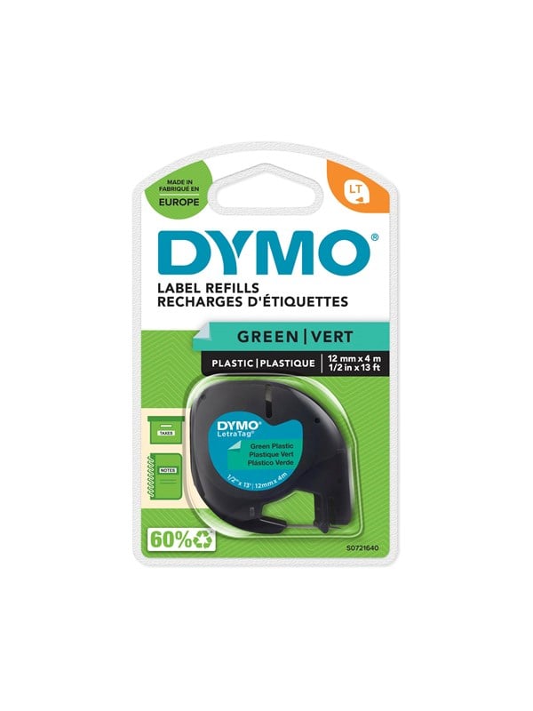 Dymo Letratag Plastiktape Sort På Grøn 12mm 4m Rulle