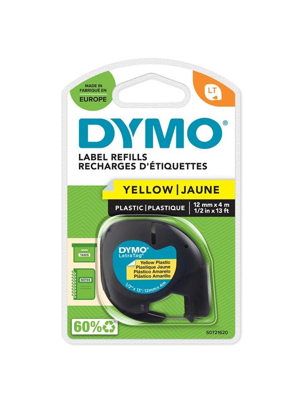Dymo Letratag Plastiktape Sort På Gul 12mm 4m Rulle