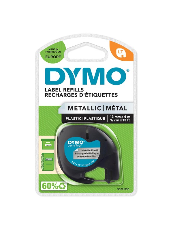 Dymo Letratag Plastiktape Sort På Metallic Sølv 12mm 4m Rulle