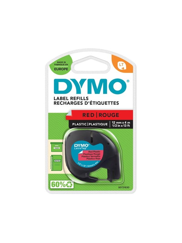 Dymo Letratag Plastiktape Sort På Rød 12mm 4m Rulle
