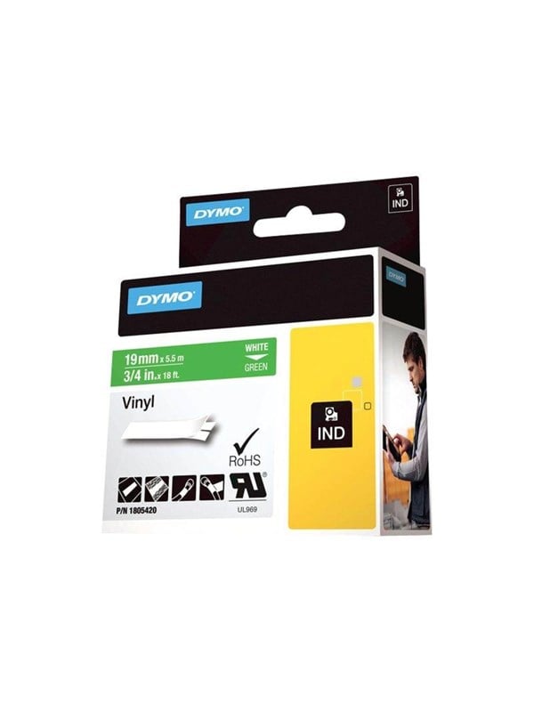 Dymo Rhino Industri Vinyl Tape 19 Mm Rulle Hvid På Grøn