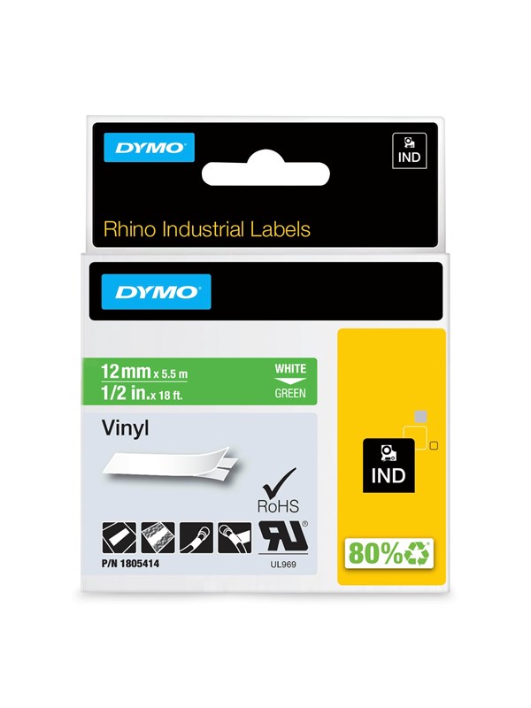 Dymo Rhino Industri Vinyl Tape 12 Mm Rulle Hvid På Grøn