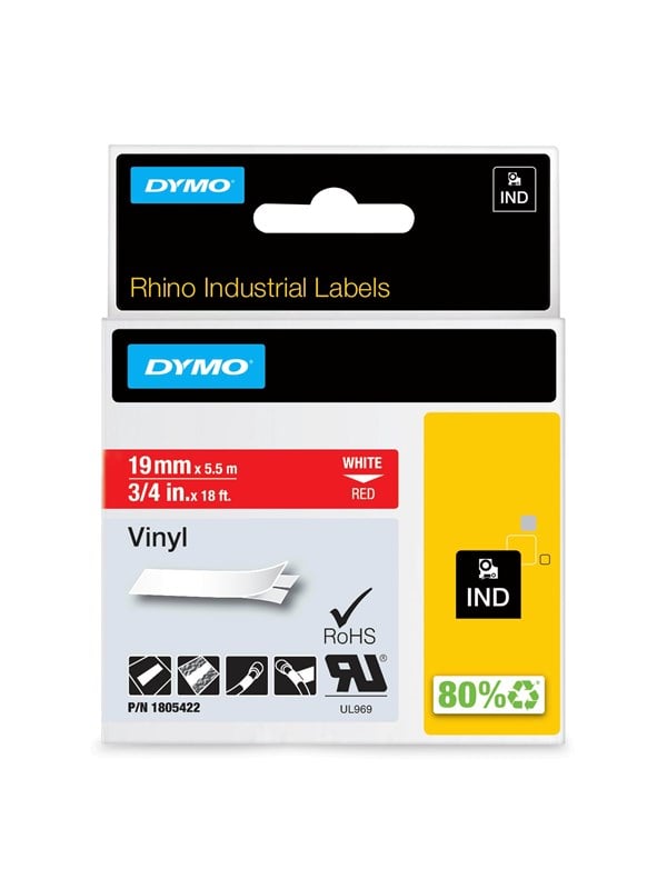 Dymo Rhino Industri Vinyl Tape 19 Mm Rulle Hvid På Rød