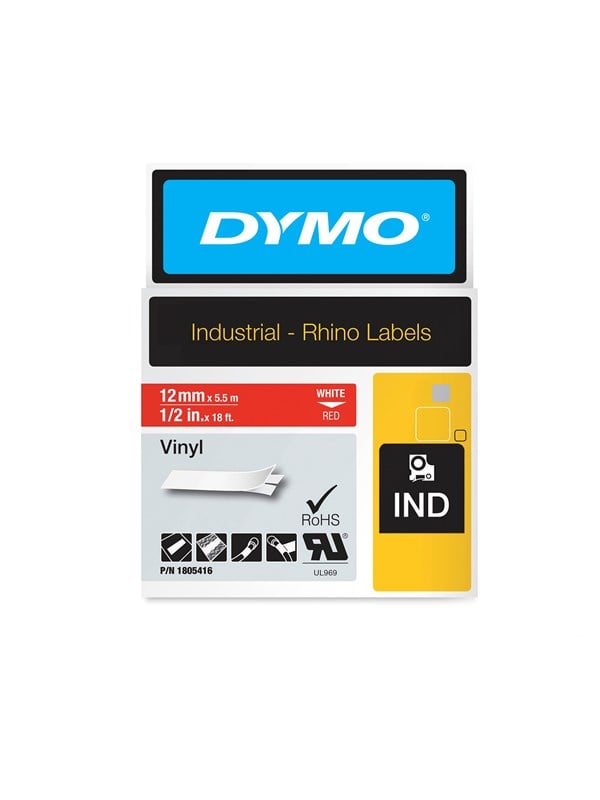 Dymo Rhino Industri Vinyl Tape 12 Mm Rulle Hvid På Rød