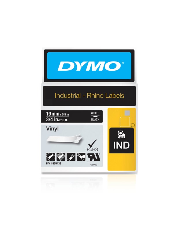 Dymo Rhino Industri Vinyl Tape 19 Mm Rulle Hvid På Sort