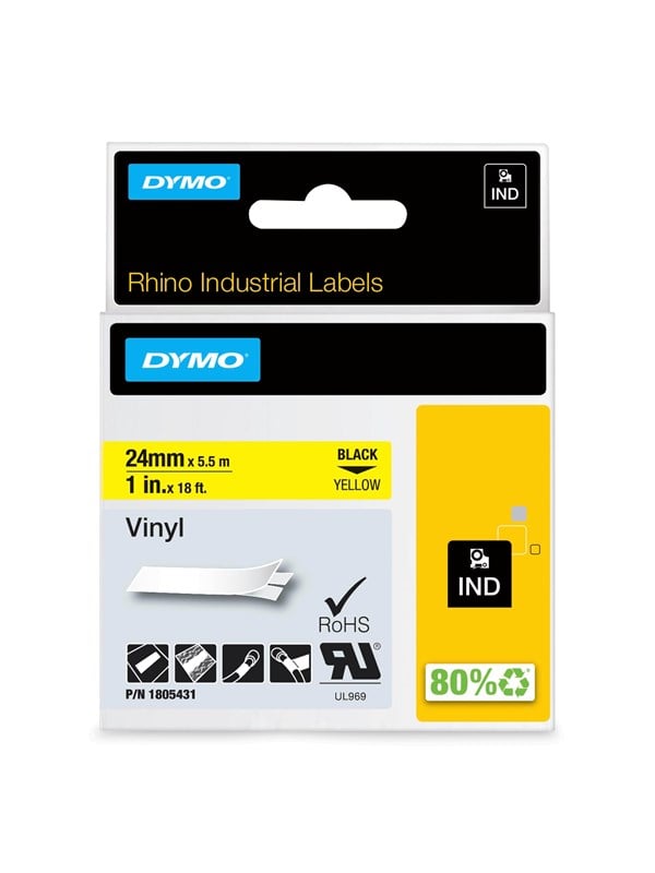 Dymo Rhino Industri Vinyl Tape 24 Mm Rulle Sort På Gul