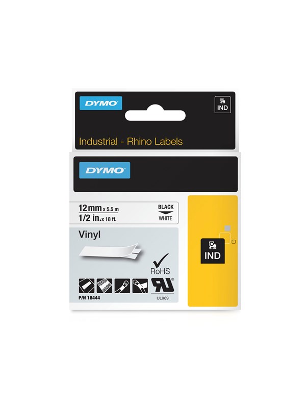 Dymo Rhino Industri Vinyl Tape 12 Mm Rulle Sort På Hvid