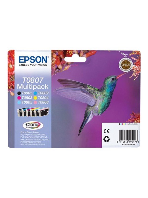 Epson T0807 Multipack Black Yellow Cyan Magenta Light Magenta Light Cyan Blækpatron Cyan Magenta Gul Sort Lys Magenta Lys Cyan